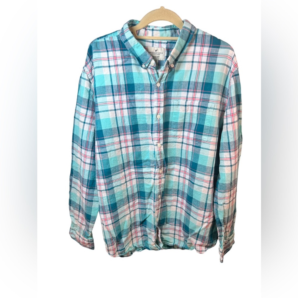 American Eagle Men’s XXL PLAID Blue Linen Blend Collared Long Sleeve